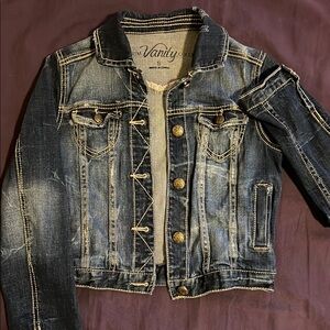 Distressed Denim Jacket with Contrast Stitching